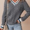 Women's Medium Grey Color Contrast Ribbed Edge Cable Knit V Neck Sweater - Image 3