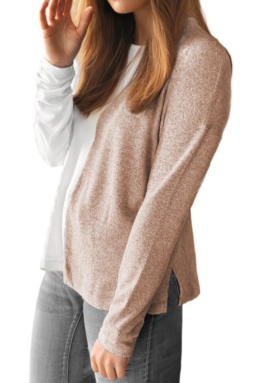 Women's Khaki Colorblock Long Sleeve Crew Neck Top - Casual and Stylish