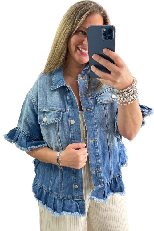 Women's Plus Size Peacock Blue Ruffled Frayed Short Sleeve Denim Jacket