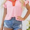 Women's Gossamer Pink Color Block Half Buttoned Ruffled Short Sleeve T-Shirt - Image 9