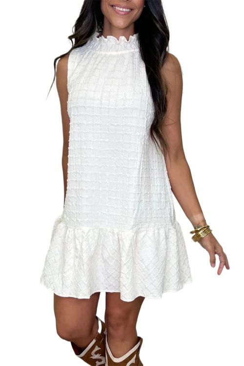 Women's White Textured Frilled High Neck Sleeveless Ruffled Mini Dress