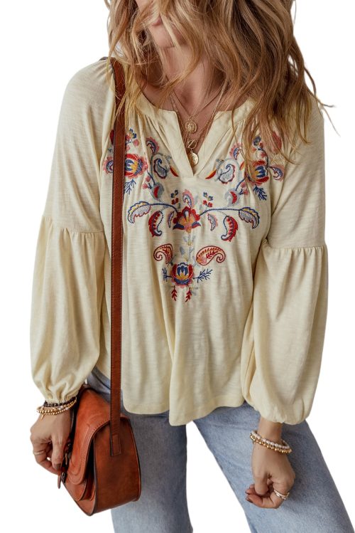 Women's Apricot Paisley Floral Embroidered Notch V Neck Blouse