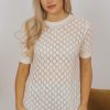 Elegant Women's Beige Hollow Out Crochet O Neck Short Sleeve Sweater Tee - Image 5