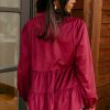 Women's Burgundy Corduroy Ruffle Tiered Button O Neck Shirt - Image 3