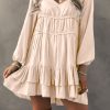 Women's Apricot Tiered Ruffled Puff Sleeve Loose Fit Mini Dress - Image 3