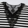 Women's Elegant Black Stripe Crochet Hollow-Out Back V Neck Top with Buttoned Shoulders - Image 10