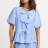 Women's Sky Blue Striped Bowknot Detail Puffy Sleeve Top and Shorts 2-Piece Set - Image 3