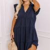 Elegant Navy Blue Plus Size Dress with Collared V Neck and Flutter Sleeves - Image 13