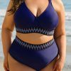 Plus Size Navy Blue Embroidered Trim Wrap Tie Knot High Waisted Bikini - Image 9