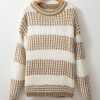 Women's Brown Stripe Drop Shoulder Round Neck Loose Sweater - Image 6