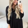 Plus Size Black Ribbed Knit Buttoned Collared Roll Tab Sleeve Mini Dress - Image 3