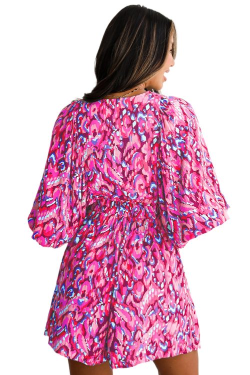 Women's Pink Abstract Print Puff Sleeve V Neck High Waist Romper for Summer Vacations