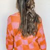 Women's Orange Checkered Drop Shoulder Buttoned V Neck Cardigan - Image 3