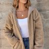 Women's Pale Khaki Fleece Zip Up Hooded Jacket with Drawstring and Pockets - Image 6