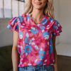 Women's Rose Red Floral Blouse with Ruffled Sleeves - Feminine V Neck Design - Image 6