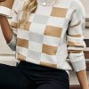 Women's Khaki Checkered Ribbed Edge O Neck Drop Shoulder Sweater - Image 2