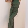 Women's Vineyard Green Buttoned Drawstring Waist Sleeveless Wide Leg Jumpsuit - Image 6