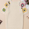 Women's Apricot Hollow Out Floral Crochet Short Sleeve Crewneck Sweater - Image 3