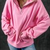 Women's Bonbon Pink Zip-up Stand Neck Kangaroo Pocket Sweatshirt - Image 6