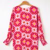 Women's Strawberry Pink Geometric Print Loose Blouse with Shirred Cuffs - Image 4