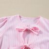 Women's Pink Stripe Bowknot Front Crew Neck Puff Sleeve Blouse - Image 7