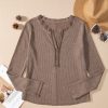 Women's Coffee Acid Wash Waffle Knit Button Neck Long Sleeve Top - Image 3