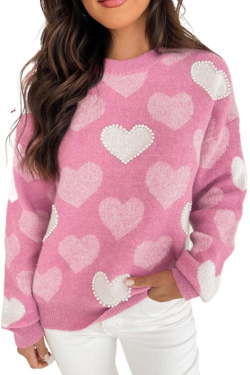 Women's Cozy Pink Pearled Heart Print Crew Neck Sweater for Valentine's Day