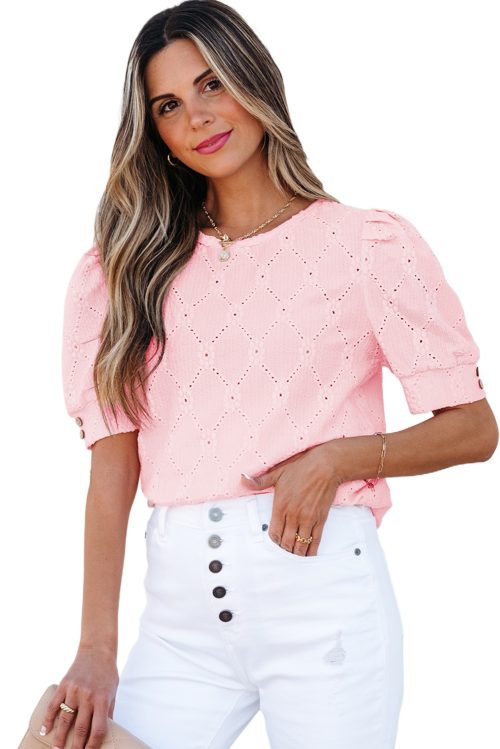 Women's Chic Pink Flower Geometric Textured Button Short Sleeve Top