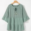 Women's Laurel Green Tie Split Neck Textured Ruffle Patchwork Blouse - Image 3