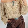 Women's Beige Leopard Velvet Burnout Off Shoulder Long Sleeve Blouse - Image 3