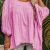 Women's Pink Lace Accent Babydoll Blouse with Bracelet Sleeves - Image 2