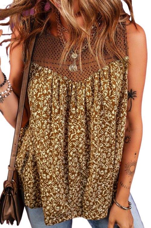 Women's Brown Eyelet Knit Yoke Patchwork Printed Flowy Tank Top