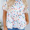 Women's White Colorful Polka Dot Short Sleeve Tiered Ruffled Babydoll Blouse - Image 9