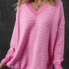 Women's Pink Striped Scallop V Neck Loose Sweater with Side Slits - Image 8