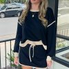 Women's Black Color Contrast Loose Pullover and Lace-Up Waist Skort Set - Image 5