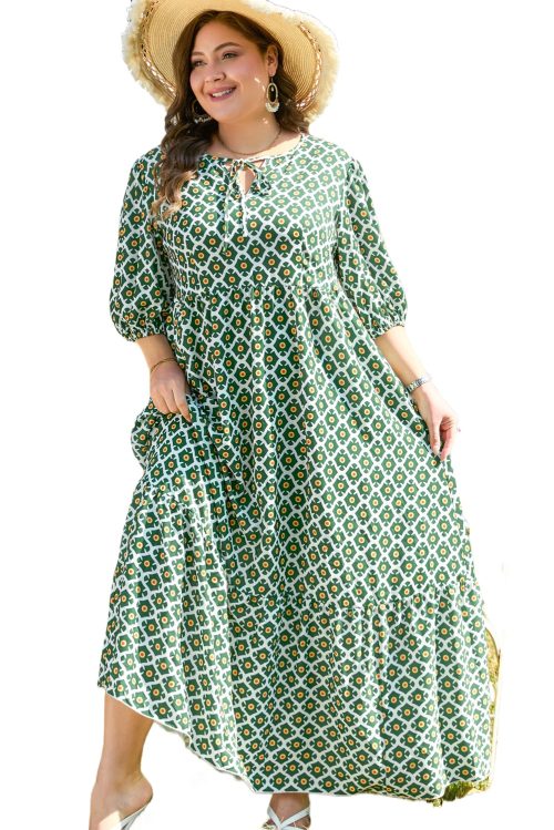 Plus Size Green Geometric Floral Print Maxi Dress with Half Sleeves