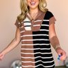 Women's Black Stripe Color Block Quarter Zip Collar Short Sleeve Sweater Dress - Image 3