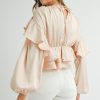 Women's Oatmeal Lace-up Keyhole Back Ruffled Peplum Blouse – Elegant Long Sleeve Top - Image 3