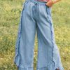 Women's Myosotis Light Wash Wide Leg Jeans with Raw Hem and Ruffles - Image 3