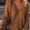 Women's Camel Ribbed Knit Drop Sleeve V Neck Loose Fit Sweater - Cozy & Chic - Image 6