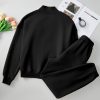 Women's Black Plain Half Zip V-Neck Ribbed Edge Loose Tracksuit - Image 8