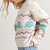 Women's White Striped Christmas Tree Drop Shoulder Sweater with Ribbed Trim - Image 5