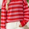 Women's Cozy Red Stripe Long Sleeve Round Neck Drop Shoulder Top - Image 2