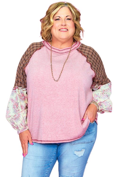 Plus Size Pink Checkered Paisley Patchwork Raglan Sleeve Top for Women