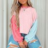 Trendy Women's Pink Corded Colorblock Patchwork Long Sleeve Top - Image 5