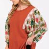 Women's Desert Gold Floral Puff Sleeve Blouse - Elegant Patchwork Design - Image 2