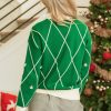 Women's Dark Green Diamond Pattern High Neck Christmas Sweater with Pom Accents - Image 2