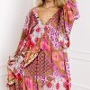 Plus Size Rose Mixed Floral Long Sleeve V Neck Lace-Up Dress with Hollowed Back - Image 4