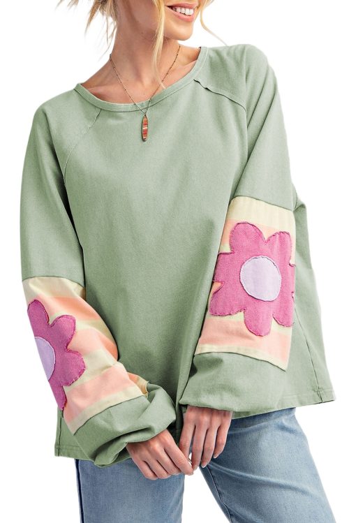 Women's Oversized Smoke Green Flower Patchwork Raglan Sleeve Long Sleeve Top