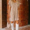 Women's Khaki Abstract Print V Neck Short Sleeve Shift T-Shirt Dress - Image 15